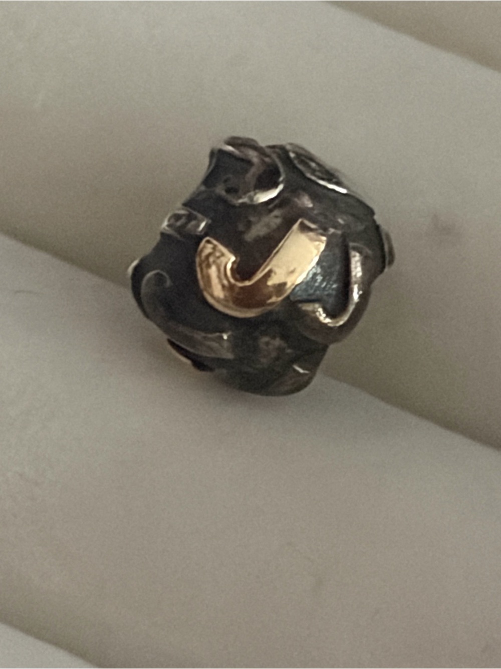retired, authentic two-tone Pandora Letter "J" bead charm (Item #790298J)